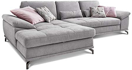 Cavadore L-Form-Sofa Castiel mit Federkern / Große Eckcouch mit Sitztiefenverstellung und XL-Longchair / 312 x 89 x 173 / Webstoff, Hellgrau