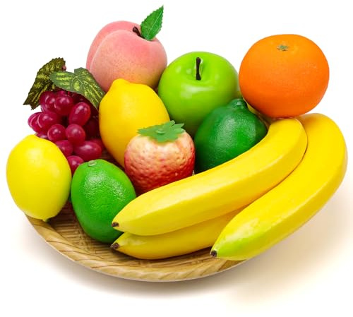Meiwlong 10 st konstgjorda frukter av dekoration hem falsk banan citron apelsin jordgubbar äpple persika druva olika falska realistiska fotorekvisita