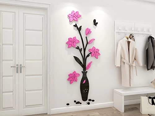 Stickers Muraux 3D Vase Autocollants ​Fleurs Miroir DIY Carthame Art Sticker Mural Romantique Famille Décoration Mur Autocollant Fond Chambre Décoration Chambre Murale