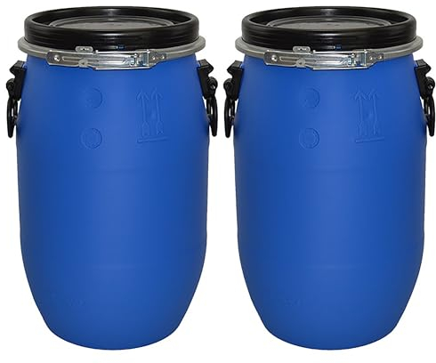 ITP Packaging 2 x 30 Litre Open Top Plastic Storage Shipping Barrel Drum Keg for transporting and Exporting Food, Cereal, Clothing Complete with Lid and Latch Ring, UN Approved, Air Tight, Food Grade