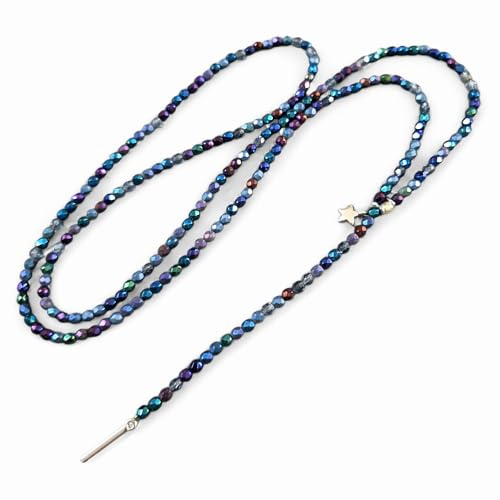 Andrea Traub - FASHION Y-Kette lange Halskette Ypsilonkette Blau glänzend schimmernde Glasperlen mit Stab Anhänger und Stern Geschenkidee für Damen