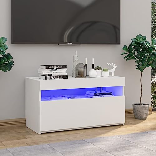 Homiuse Meuble TV LED Blanc Brillant 75x35x40 cm HiFi Moderne Support Table Télévision Salon Rangement DVD Console Streaming
