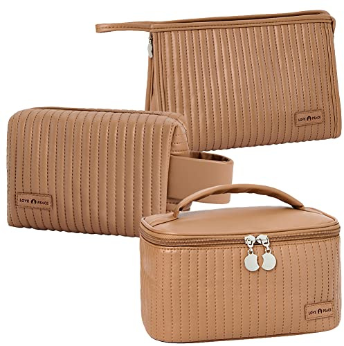 Linpr Reise Kosmetiktasche Damen, Groß 3er Set Make Up Tasche | Große Kapazität Wasserfest Schminktasche Reisen Organizer für Frauen und Mädchen, Kulturbeutel aus PU Leder, Tragbarer Griff