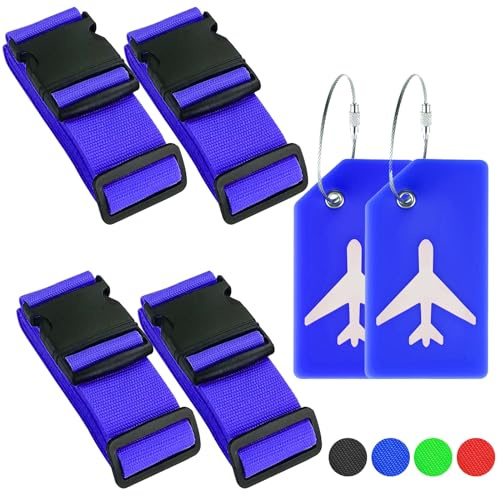 Koffergurt Set mit 4 Stück einstellbaren Kofferband Gepäckband und 2 StüCk Kofferanhängern, Blau