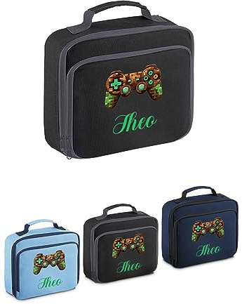 Personalised Lunch Bag Gaming Controller Box Boys Back to School Insulated Front Pocket Age 7 8 9 10 11 Name (Black)