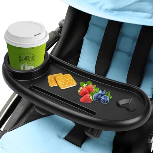 volumoon Bandeja Universal para Cochecito, Bandeja Aperitivos para Cochecito con Portavasos, Extraíble Antideslizante Accesorio de Carrito de Bebé, para Cochecitos con Reposabrazos (Negro)