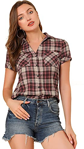 Allegra K Klassisches Westernhemd mit Knopfleiste für Damen, Baumwolle, kariert, Beige Rot, 3X-Groß