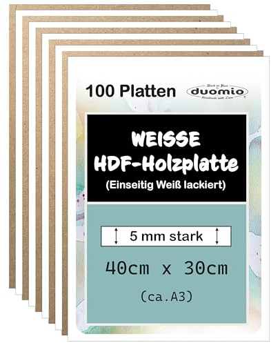 (100 Platten, A3, 5mm) Hochwertige HDF Hochverdichtete Faserplatten - Einseitig Weiß lackiert, besser als MDF Platten dicker, stabiler, günstiger 5mm; ideales Holz zum Basteln, bedrucken/Lasercut
