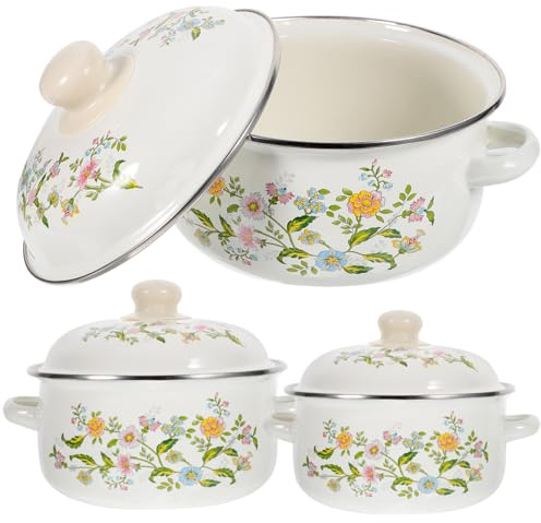 Luxshiny Emaille-Topf-Set 3-Teilig Für Die Küche Emaille-Suppentopf Mit Deckel Retro-Kochtopf Mit Blumenmuster Tiefer -Suppentopf Für Das Restaurant Zu Hause