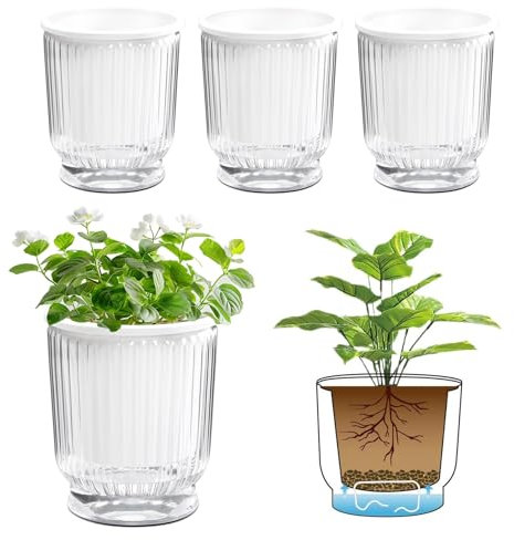 T4U 12cm Selbstbewässerungstopf Blumentöpfe mit Baumwollseil und Tiefem Wassertank 4 Stück, Blumentopf Set für Orchideentopf Transparent,Kräutertopf Hydrokultur Topf, für Alle Zimmerpflanzen, Blumen