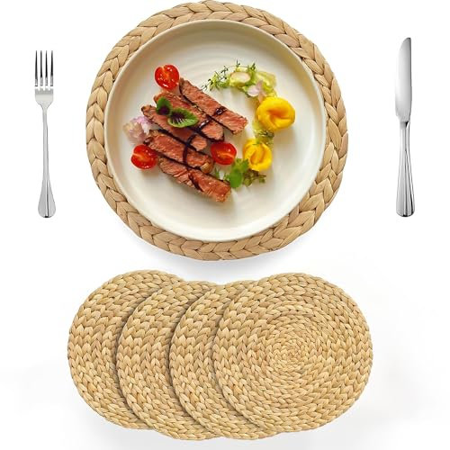 Natural Water Hyacinth Placemat Woven Round Placemats for Dining Table Handmade Farmhouse Rural Braided Heat Resistant Outdoor Place mats (Set of 4, 13.8inch)