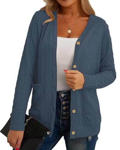 GRECERELLE Womens Cardigan Long Sleeve Lightweight Cardigans Button Down V Neck Ribbed Knit Outerwear Open Front Tops with Pocket for Ladies (Denim Blue, M)