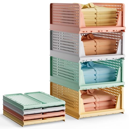 BTGGG 4 Stück Kleiderschrank Organizer Mix-Color Stapelbar Schrank Organizer Plastik Kleiderschrank Aufbewahrungsbox, Leicht ausziehbare Schubladenteiler für Kleidung Schrank Speisekammer Wäscherei