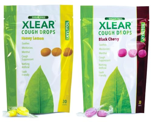 Xlear Xylitol Zuckerfreie Bonbons Hustenbonbons, Lutschtabletten gegen Halsschmerzen, Nicht-GMO, Glutenfrei, Natürlicher Schwarzkirsche- & Honig-Zitronen-Geschmack, 2er-Pack (je 30 Stück) | Zuckerlose Lutschtabletten für trockene Mundschmerzen Linderung von Halsschmerzen, GVO, glutenfrei