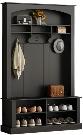 Garderoben-Set Flurgarderoben Set mit Bank und Schuhablage, Wandgarderobe Flurgarderobe Garderobenschrank mit 3 hängenden Haken und Offenem Stauraum, Schrank, Schuhschrank, Vorzimmer Möbel (Schwarz)