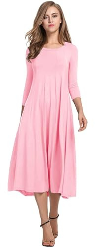HOTOUCH Midi Dress for Women A Line 3/4 Sleeve Dresses Elegant Summer Tunic Dress Crew Neck Long Dresses with Pockets Pink S