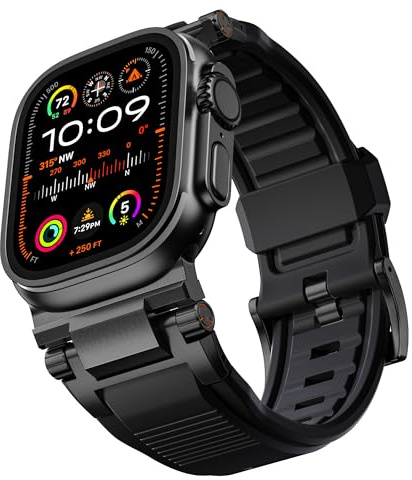 Bandletic Armband Kompatibel mit Apple Watch Ultra 2/Ultra 3/Ultra 49mm | Robustes FKM Stylische Ersatzarmband für iWatch Series 11/10 46mm 9/8/7 45mm SE/6/5/4 44mm 3/2/1 42mm Metallverbinder,Schwarz