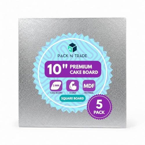 Pack N Trade 10 Inch Square Cake Boards – Pack of 5 Double Thick 3mm Cardboard, Foil-Finished Both Sides, Reusable & Sturdy Cake Base for Baking, Decorating, and Display
