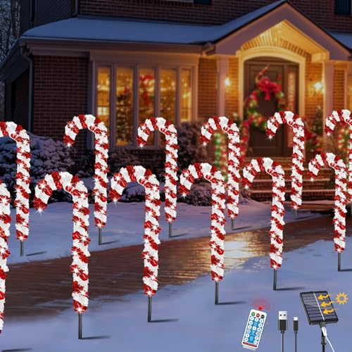 VEEKAY 12 Stück Solarleuchten für Weihnachten, Outdoor, Weihnachtsdekoration für den Außenbereich, mit 8 Modi, wasserdicht, Zuckerstange, LED-Lichterkette