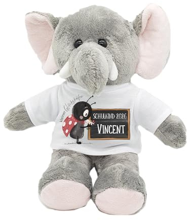 Kilala Personalisierter Elefant-Kuscheltier zur Einschulung 2025 – Kuscheliger Begleiter mit T-Shirt und Name – Perfekt für die Schultüte, Sitzhöhe 21 cm (Glückskäfer)