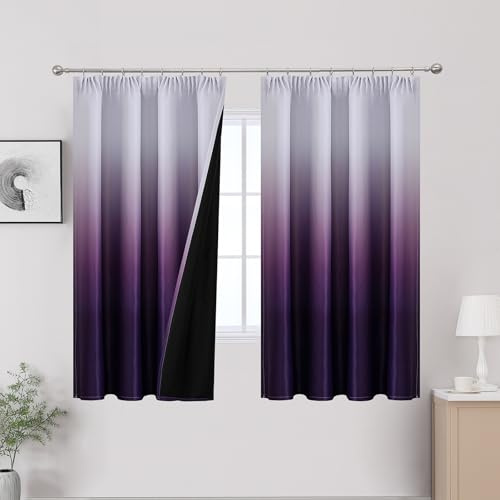 VEHEDE Thermovorhang Kälteschutz Kräuselband Ombre Vorhänge Schlafzimmer, Lärmreduzierung Gradient Vorhang Blackout Curtains Verdunkelung Schienen Vorhang, 2er Set, Violett und Weiß,H160 x B132 cm