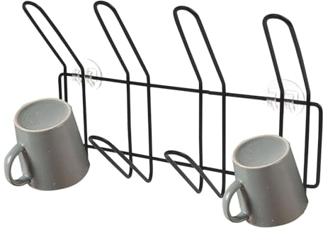 Srvillg Self Adhesive Mug Holder, Black Glass Cup Drying Rack, Wall Mounted Cup Holder with 8 Hooks for Kitchen Dining Room (Black)