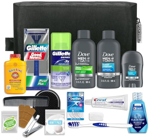 Convenience Kits International Men’s Premium 20-Piece Kit with Travel Size TSA Compliant Essentials, Featuring: Dove Men & Care Products in Black Dopp Bag