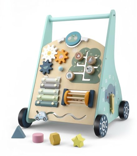 Baby Lauflernwagen aus Holz - Multifunktionale Lauflernhilfe mit Motorikspielzeug - Montessori Lernspielzeug mit Griff - 8 Verschiedene Spielbereiche Geschenk für Jungen und Mädchen ab 1 Jahr