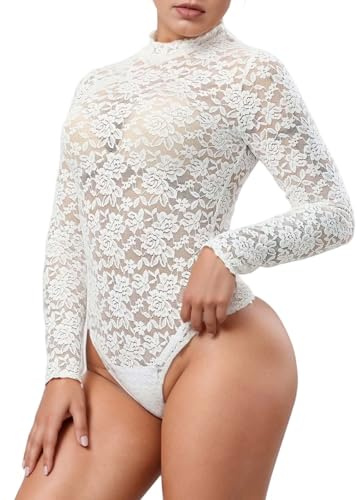 Foweknow Bodysuit para mujer con encaje, elegante, para fiesta, top festivo, body de encaje de manga larga, body de encaje, traje de encaje transparente para fiestas, sexy, elegante, bodysuit floral