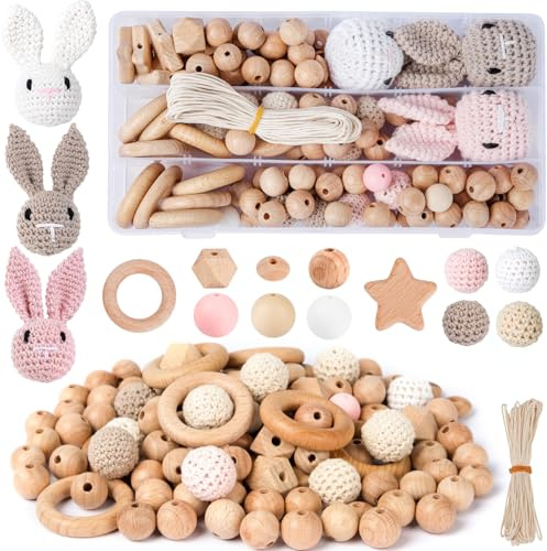 ARTREE Buchenholz Perlen Selber Machen, Beech Holzperlen Rund Holzkugeln mit Loch zum Auffädeln, Holzperle Holzringe Set, Holzperlen Holz Perlen für basteln DIY, DIY Bastelset