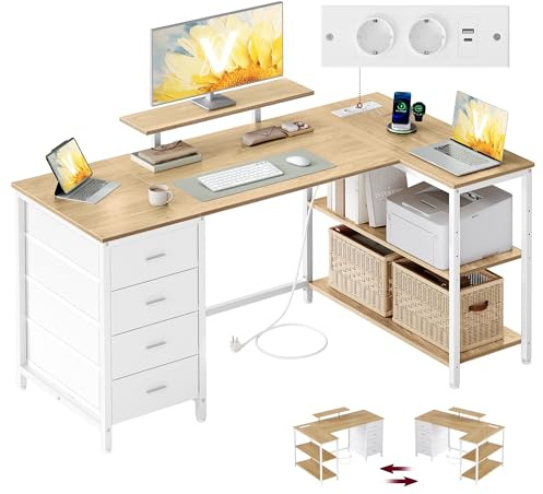 VASAGLE Bureau d’Angle en Forme de L, Prises Intégrées, Bureau Informatique, Configuration Réversible, Étagères Réglables, 4 Tiroirs, 2 Ports USB, 140 x 80 cm, Couleur Chêne Naturel LWD172YD01