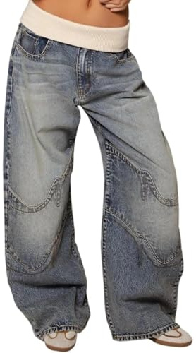 Baggy Jeans Women's Knitted Waistband Medium Low Waist Wide Leg Denim Trousers Vintage Washed Distressed Y2K Boyfriend Jeans Hip Hop Streetwear