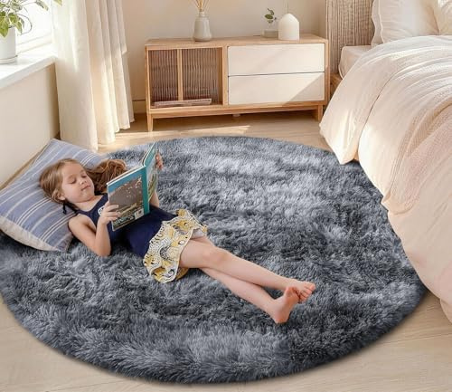 Homaxy Hochflor Flauschig Teppich Rund Wohnzimmer, Rund 160x160 cm | Anti-Rutsch Unterseite Weich Teppiche Waschbarer Moderner Matte fürs Kinderzimmer Schlafzimmer, Dunkelgrau