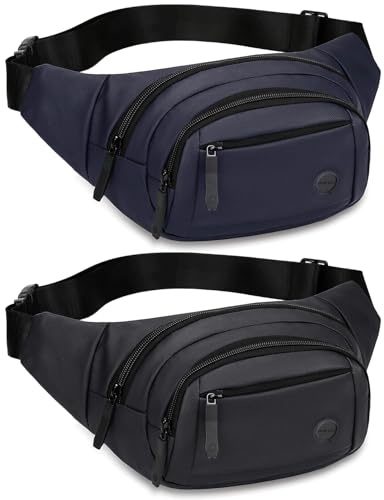 Vyuwast 2 Pack Bum Bag Bumbag for Men Women with 3 Zip Pockets, Waterproof | Fanny Packs for Ladies, Waist Pack Adjustable Belt, Bumbags for Dog Walking Sport Running Travel Cycling, Black Blue