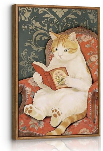 FajerminArt Moderna Inramade Bilder Rolig Katt Som Läser Väggtryck Retro Katt På Sofa Djur Humoristisk Canvastavla Dekoration För Vardagsrum Sovrum 40X60cm