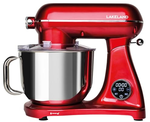 Lakeland Deluxe 6.5L Stand Mixer 1800W Electric Cake Mixer Red | Powerful 1800W 6.5L stand mixer in metallic red with 10 speeds, digital timer, planetary action, and 3 attachments.