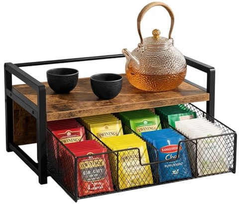Tea Bag Organizer - 2 Tier Coffee Station Organizer with Storage Drawer, Wooden Tea Organiser and Storage Chest, Coffee Bar and Spice Rack Shelf for Office, Kitchen Countertop, Rustic Brown
