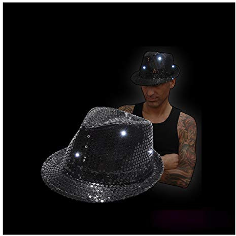 BLINXS LED Paillettenhut/Disco-Hut - schwarz - mit acht LEDs - weiss leuchtend für Erwachsene/Unisex - mit wechselbaren Batterien