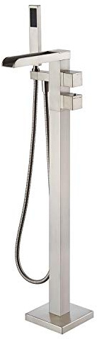 Wowkk Thermostatischer freistehender Badewannen-Wasserhahn, Wasserfall-Wannenfüller, gebürstetes Nickel, Bodenmontage, Messing, Badezimmer-Armaturen mit Handbrause