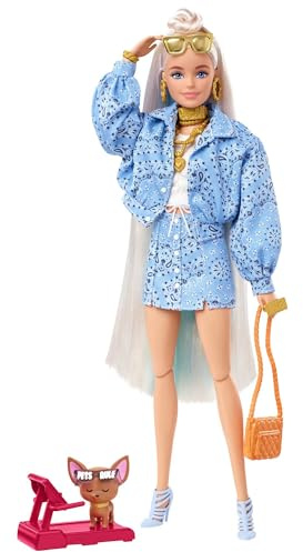 Barbie Extra Conjunto Estampado Bandana Muñeca Rubia articulada con Accesorios de Moda y Mascota, Juguete +3 años, Multicolor, (Mattel HHN08)