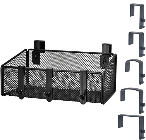 JDYOOMI Bedside Caddy Shelf Hanging Storage Basket for Bunk Bed, Office Cubical Walls, Baby Rails, College Dorm Organizer - 5 Pairs Sized Hooks for Phone, Glass, Magazine, Decor (Black)