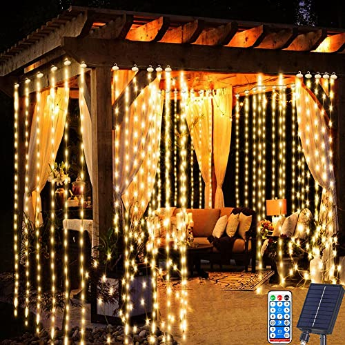 Redefun Solar Lichtervorhang Aussen 3 m x 3 m 300LED Lichterkette vorhang, 8 Modi Wasserdicht Solar Wasserfall Lichter mit Fernsteuerung,Timer für Außen Pavillon Balkon Hochzeit Deko(Warmweiß)
