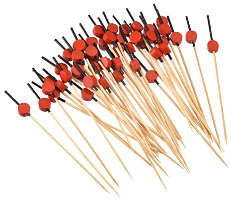 uxcell Palillos de dientes de cóctel, 100 piezas de 4.75 pulgadas rojo bambú plano redondo largo palo de frutas decorativo cóctel palillos para bebidas aperitivos frutas, negro