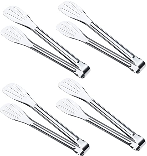 BEHAHAI 4PCS Food Serving Tongs, 7'' Stainless Steel Buffet Tongs Frying BBQ Kitchen Cooking Salad Bread Cake Wedding Utensils Party Candy Bar, Silver-4pcs