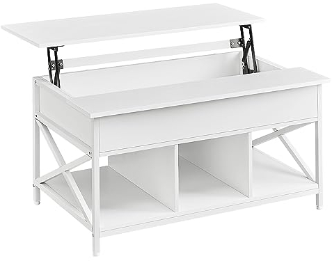 VASAGLE Couchtisch, höhenverstellbarer Wohnzimmertisch, Kaffeetisch, offener und versteckter Stauraum, X-Streben, 60 x 100 x (48-62) cm, schneeweiß-weiß LCT205W46