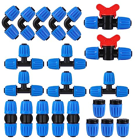 22 Pz Raccordi Di Irrigazione A Goccia Kit Blue Lock Barbed Connettori Per 1/2 Pollice 16mm Tubing (od 0.620 In.id è 0.520. In), 5 Tees, 5 Dritto, 2 Valvole Di Interruttore, 5 Cap End, 5 Gomiti
