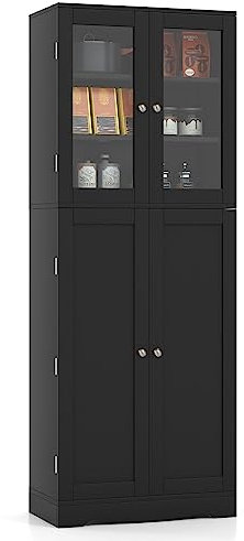 COSTWAY Tall Kitchen Cupboard, Buffet Pantry Storage Cabinet with Dual Tempered Glass Doors, Shelves, Door Racks & Anti-Toppling Design, Freestanding Organizer Unit for Dining Living Room (Black)