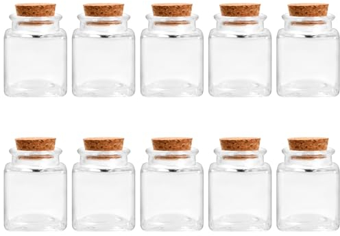 Catime 10 Pack Mini Glass Bottles with Cork Lids 50ml, Clear Spice Jar Square, Glass Pudding Jar, Potion Bottles for Wedding Favours Party Kitchen Jam