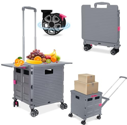 SELORSS BY10WX, Faltbarer Einkaufswagen auf 4 Rädern, 55 l/80 kg, Upgrade-Mobilitätsrollwagen im Flat-Pull-Stil mit verlängertem Deckel, Teleskopgriff, Einkaufswagen für Camping/Lehrer, Grau