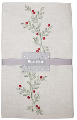 Premier Camino de mesa de algodón con bayas de acebo de Navidad, color verde y blanco roto, vajilla festiva, regalo de Navidad, 200 cm x 30 cm